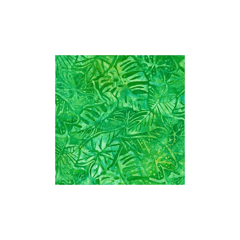  Tissu  Batik feuilles tropicales fond  vert  AU FIL D EMMA
