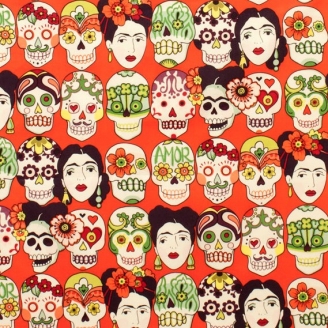 Tissu patchwork têtes de mort mexicaines fond rouge "Gotas de amor"_