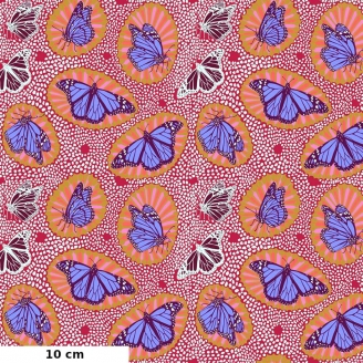 Tissu patchwork papillons monarques bleus fond rouge