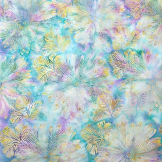 Tissu batik grandes fleurs ocre mauve fond turquoise