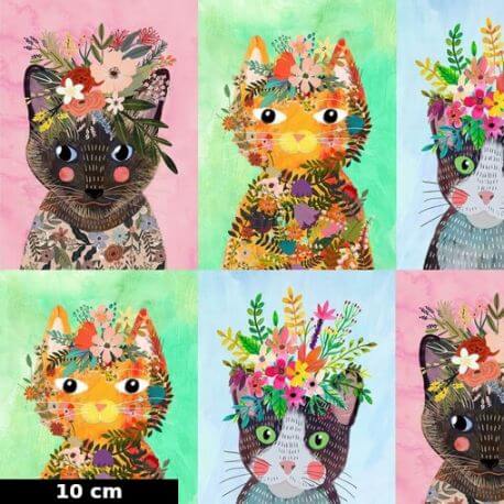 Tissu patchwork portraits de chats famille n°2 Floral pets (30 cm)