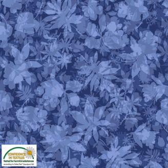 Tissu patchwork feuilles d'arbres fond bleu - Solaire