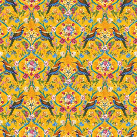 Tissu patchwork Odile Bailloeul les joyaux de la Reine (oiseaux) fond jaune - Jardin de la reine 