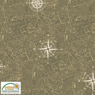 Tissu patchwork boussoles et plan de ville kaki - Old school map