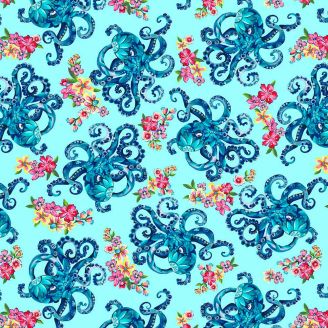 Tissu patchwork pieuvres fond bleu turquoise - Blooming Ocean