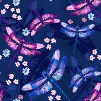 Tissu patchwork libellules et petites fleurs - Midnight Hydrangea