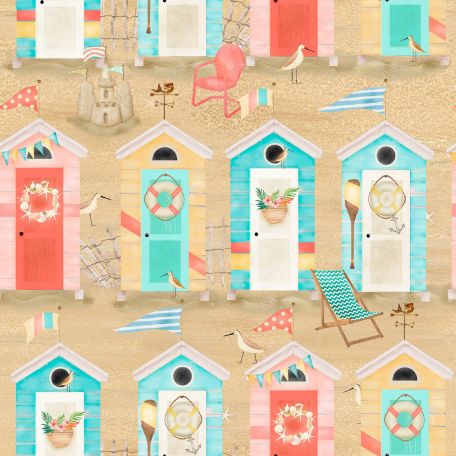 Tissu patchwork cabane de plage fond sable - Beach Travel