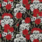 Tissu patchwork têtes de mort et roses fond noir "The rose tatoo"