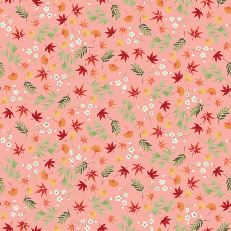 Tissu patchwork feuillages japonais fond rose - Michiko