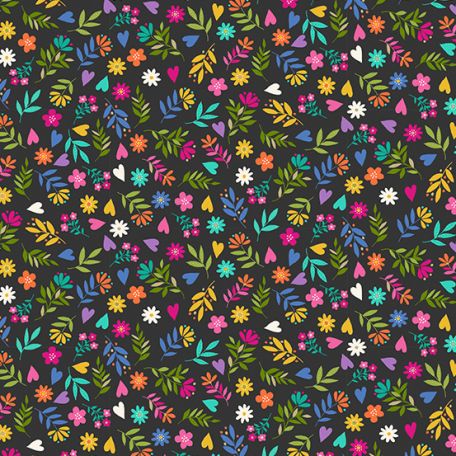 Tissu patchwork fleurs multicolores fond noir - Katie's cats