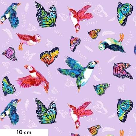 Tissu patchwork papillons et macareux en vol fond rose mauve - Migration