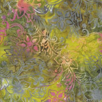 Tissu batik fleur tropicale fond vert kaki