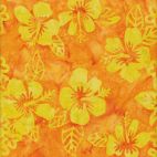 Tissu batik fleurs hawaïennes jaunes citron fond orange papaye