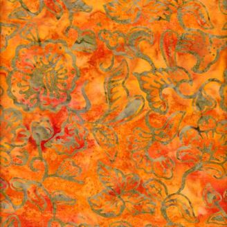 Tissu batik feuille et fleur fond orange sanguine