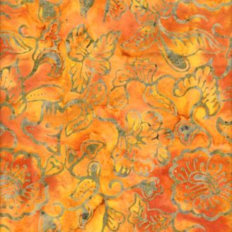 Tissu batik feuille et fleur fond orange ambre