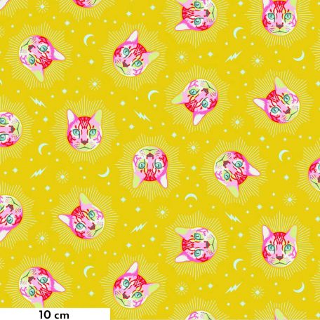 Tissu patchwork Tula Pink Chat du Cheshire fond jaune - Curiouser and Curiouser