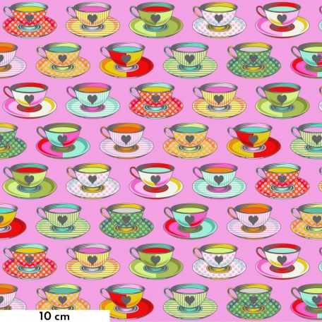 Tissu patchwork Tula Pink Tea time tasses de thé fond rose - Curiouser and Curiouser
