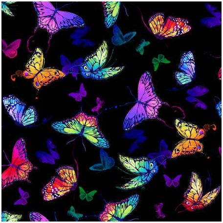 Tissu patchwork papillons multicolores fond noir - Butterfly Magic