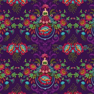 Tissu patchwork Odile Bailloeul jeune femme en fleurs fond violet - MagiCountry