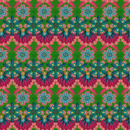 Tissu patchwork Odile Bailloeul frises de fleurs fuchsia et vert - MagiCountry