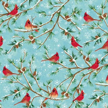 Tissu patchwork oiseau cardinal fond bleu ciel - Winterwood