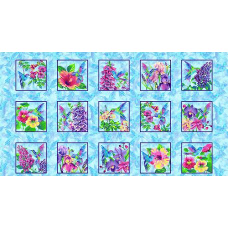 Panneau de tissu patchwork colibris et hibiscus - Hummingbird Heaven