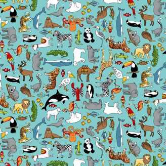 Tissu patchwork animaux du monde fond bleu - Around the world