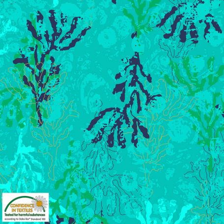Tissu Patchwork algues fond turquoise - Sea the good things