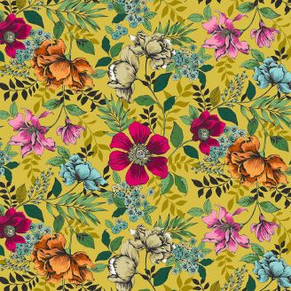 Tissu Patchwork imprimé floral fond jaune curry - Jewel Tones