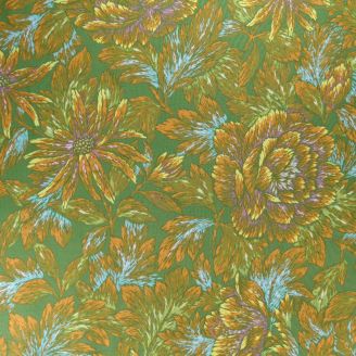Tissu Patchwork fleurs effet tapisserie fond vert