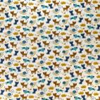 Tissu patchwork petits chats bruns et bleus fond crème - Woof woof meow