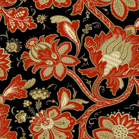 Tissu patchwork grandes fleurs indiennes rouges fond noir - Bella Rose de Renee Nanneman