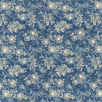 Tissu patchwork dahlias beiges fond bleu texturé - Sapphire blossoms