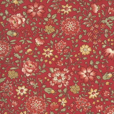 Tissu patchwork fleurs variées fond rouge- Jardin de Fleurs de French General