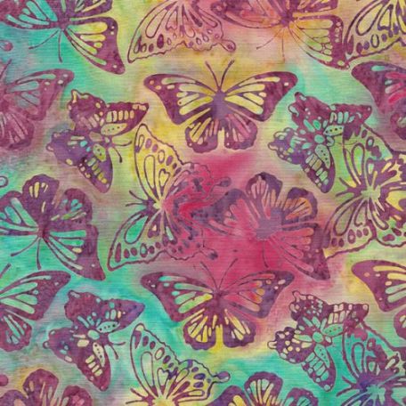Tissu Batik papillons sauvages pourpre fond multico