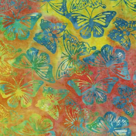 Tissu Batik papillons sauvages bleu-vert fond jaune-rouge