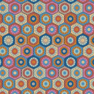 Tissu patchwork hexagones multicolores façon crochet