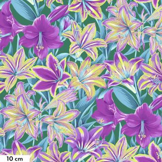 Tissu Philip Jacobs amaryllis violettes fond vert PJ104_