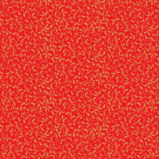 Tissu patchwork houx doré fond rouge - Festive Foliage