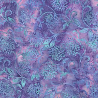 Tissu Batik fleur en pompom bleue fond violet