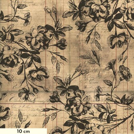 Tissu patchwork écritures et fleurs noires Beloved - Regions Beyond de Tim Holtz