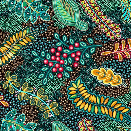 Tissu patchwork aborigène feuilles fleuries turquoise - Pannotia