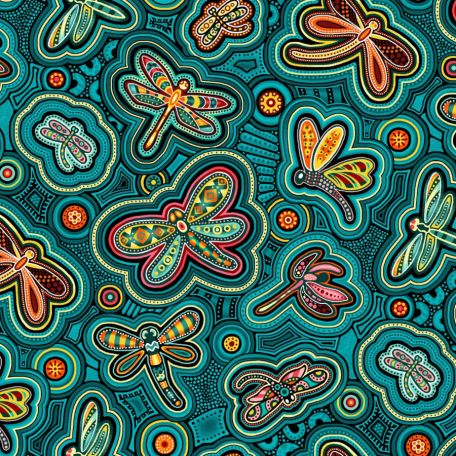 Tissu patchwork aborigène libellules turquoise - Pannotia