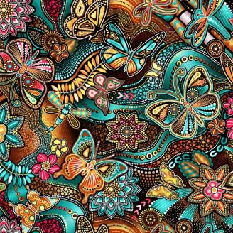Tissu patchwork papillons turquoise - aborigène