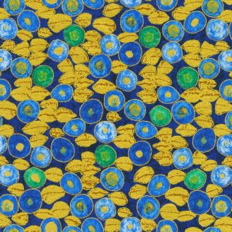 Tissu Gustav Klimt grains dorés et corolles bleu saphir