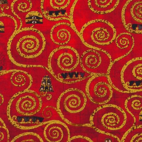 Tissu Gustav Klimt arbre en volutes dorées rouge