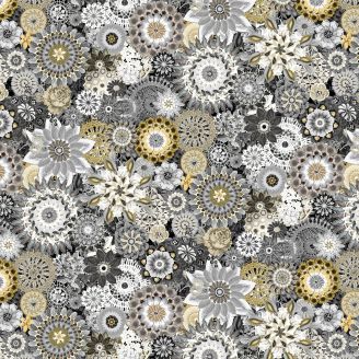 Tissu en grande largeur (270 cm) crochet floral gris foncé ocre