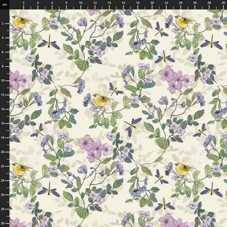 Tissu patchwork mésange et fleurs écru - Secret Garden