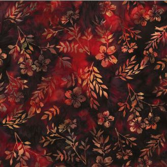 Tissu batik fleur hibiscus et feuilles rouge grenat