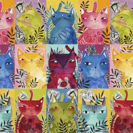 Tissu patchwork chats multicolores en vignettes - Here Kitty Kitty de Cori Dantini
